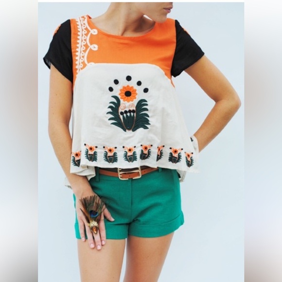 THML Tops - THML Embroidered Cotton Bohemian Scoop Neck Cotton Peplum Top Size Large